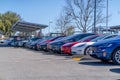Famous Tesla cars lined up outdoors at a Tesla dealership on a sunny day in Rocklin Royalty Free Stock Photo