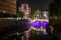 Famous three bridges at the Preseren square in the center of Ljubljana illuminated at night Royalty Free Stock Photo