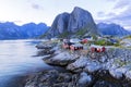 Famous tourist attraction Hamnoy fishing village on Lofoten Islands, Norway with red rorbu houses, in summer Royalty Free Stock Photo