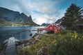 Famous tourist attraction of Reine in Lofoten, Norway with red rorbu houses, clouds, rainy day with bridge and grass and