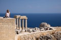 Famous tourist attraction, ruins of an ancient acropolis from the Greek empire ages, next to Lindos, Rhodes, Greece.