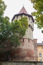 The famous Tower of the Carpenters - Turnul Dulgherilor - on the Cetatii street in a rainy day. Sibiu city in Romania