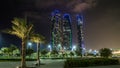 Famous towers buildings in Abu Dhabi night timelapse hyperlapse. Royalty Free Stock Photo