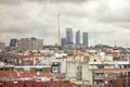 The famous towers of Madrid and one of the Kio towers seen from a point of Madrid with more traditional buildings Royalty Free Stock Photo