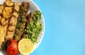 Grilled chicken shashlik, lamb, beef kofta kebab, tomato, parsley on white plate on blue background Royalty Free Stock Photo