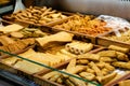 Famous traditional fish cake from Korea. Made using white fish, mashed potato and vegetables. Various shapes, forms and flavors. Royalty Free Stock Photo