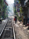 famous train street in Hanoi with daily life scene, Vietnam