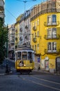 A famous tram running through the streets of Lisbon, capital of Portugal
