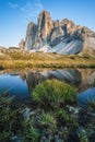 Famous Tre Cime di Lavaredo reflected in small pond, Dolomites Alps Mountains, Italy, Europe. Tre Cime mount in Royalty Free Stock Photo