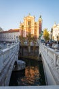 Famous triple bridge in Ljubljana historical city center