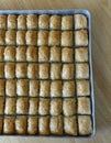 Famous Turkish baklava dessert sliced in a baking tray, Gaziantep baklava