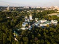 Aerial panoramic top view of Kiev Pechersk Lavra churches on hills from above, cityscape of Kyiv city Royalty Free Stock Photo