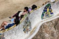 A famous undulating, continuous, tile-covered serpentine bench details in Park GÃÂ¼ell, Barcelona, Catalonia, Spain.