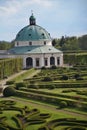 Famous Unesco gardens in Kromeriz town in Czech Republic with its green gardens in symmetrical pattern and decorated chateau