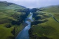 The famous and unique Fjadrargljufur valley in Iceland on a rainy day. Mossy cliffs and mountain river. Point of