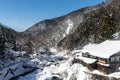 A famous valley hot spring covered in snow at Yamanouchi in Nagano. Royalty Free Stock Photo