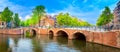 Famous view of  heart of Amsterdam. Beautiful day, blue sky, old sloping houses, bridges and canals. Panoramic Amsterdam Royalty Free Stock Photo