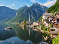 Famous view on the lake and city Hallstatt. Beautiful morning light, most visited alpine lake Royalty Free Stock Photo