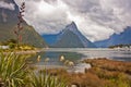 Famous view of Milford Sound from harbor of the fjord, New Zealand