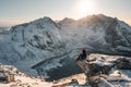 Kvalvika beach from Ryten mountain in winter. On e of the biggest tourist attractions in lofoten islands. very popular hike in nor