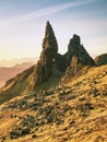 Famous view over Old Man of Storr in Scotland. Popular exposed rocks