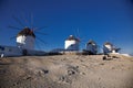 famous view Traditional windmills on the island Mykonos, Greece