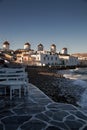 famous view Traditional windmills on the island Mykonos, Greece