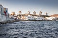 famous view Traditional windmills on the island Mykonos, Greece