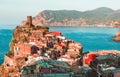 Famous view of the Vernazza old town Italy Cinque terre in the early morning sunrise view, colorful traditional building houses an Royalty Free Stock Photo