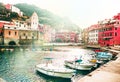 Famous view of the Vernazza old town Italy Cinque terre in the early morning sunrise view, colorful traditional building houses an Royalty Free Stock Photo
