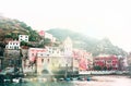 Famous view of the Vernazza old town Italy Cinque terre in the early morning sunrise view, colorful traditional building houses an