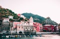 Famous view of the Vernazza old town Italy Cinque terre in the early morning sunrise view, colorful traditional building houses an Royalty Free Stock Photo