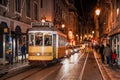 Famous vintage tram of of Alfama, in the oldest district of the Old Town, at night, Lisbon, Portugal Royalty Free Stock Photo