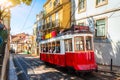 Famous vintage tram in the street of Alfama, Lisbon, Portugal