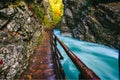 The famous Vintgar gorge Canyon with wooden pats