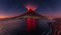 Famous volcanic eruption in Fuerteventura, Canary islands, Spain, imaginary volcano catastrophy on the island, AI