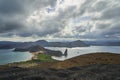famous volcanic rock formation of the pinnacle atthe the seascape of Bartolome island at the galapagos islands. Royalty Free Stock Photo