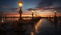 Famous waterfront city illuminated by lanterns at dusk generated by AI