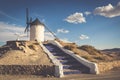 Famous windmills in Consuegra at sunset, province of Toledo, Castile-La Mancha, Spain Royalty Free Stock Photo