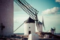 Famous windmills in Consuegra at sunset, province of Toledo, Castile-La Mancha, Spain Royalty Free Stock Photo