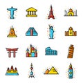 Travel landmarks line coloured vector icon set Royalty Free Stock Photo