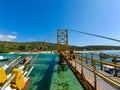 The famous yellow bridge of the Nusa Lembongan Island of Bali, Indonesia. Yellow bridge Bali with green water and blue sky in the Royalty Free Stock Photo