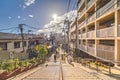 The famous Yuyakedandan stairs at Nishi-Nippori in Tokyo. The landscape overlooking Yanaka Ginza from the top of the stairs is