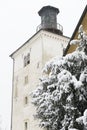 A famous Zagreb landmark, Lotrscak tower, during a winter snowstorm.