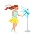 Fan Air Device Cool Enjoying Young Woman Vector