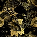 Fan flower unbrella vector japanese chinese seamless pattern design gold black Royalty Free Stock Photo