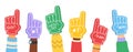 Fan foam fingers. Supporting color flat hands signs with cheerleaders inscription, motivation favorite sports team