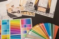 fan palette and design drawings are laid out to match the color for the design of the room Royalty Free Stock Photo