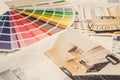 fan palette and design drawings are laid out to match the color for the design of the room Royalty Free Stock Photo