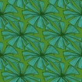 Fan palm leaves seamless pattern on. Vintage foliage of palmetto in engraving style